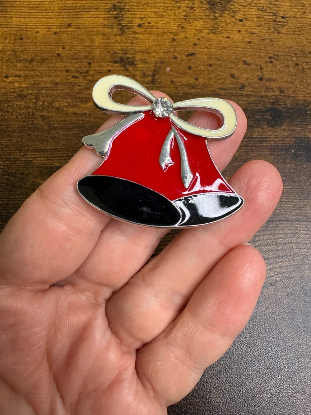💚4/$20 Festive Red Enamel Bell Brooch with Ivory Bow